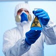 Scientist wearing white hazmat suit and blue mask and blue gloves holding a biohazardous beaker with a yellow hazard sign holding blue liquid Tasha R Medium
