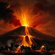 A painting of a volcano erupting over a town below