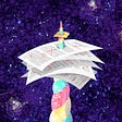 A multicolored unicorn horn stabbing upward to pierce through multiple sheets of paper in front of a starry, purple background.