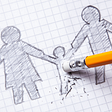 Stick figure drawings on graph paper of two parents holding the hands of a child who is being erased.