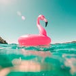 a pink flamingo floatie toy on the water