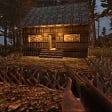 A screenshot from 7 Days to Die showing a small cabin surrounded by a trench