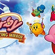 Cover image of Kirby and the amazing mirror featuring 4 differently colored kirby’s happily jumping in the air holding telephones
