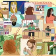 This colorful illustration is a collage of ten tiles that thematically depicts what life has been like inside the coronavirus pandemic. Clockwise from upper left: an elder speaks with her younger family member (located far bottom right) with a traditional land line telephone cord serving as the lifeline to loved ones. Remote work is portrayed in the next two tiles along with social distancing, frontline labor (a delivery), and mask wearing. Home schooling is centered. Shopping completes the arc.