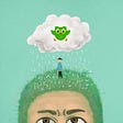 An illustration of a garden growing on top of a man’s head with a gardener. Above the garden, there is a fluffy cloud with the Duolingo owl jumping in front of it. The man is looking up with slight frustration in his eyebrows.