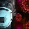 Decorative image of doctor wearing a protective mask with images of the coronavirus in the background.