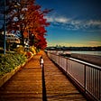 Child running away from camera on river boardwalk, fall trees on left, river on right. Enhanced red, orange and blue.