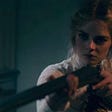 Samara Weaving as Grace, aiming an antique gun as she fights to escape from her murderous in laws’ mansion.
