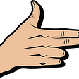 Line drawing of a hand using two fingers and thumb to make a gun shape (finger gun).