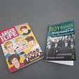 Two books side by side about Boy Bands. One is pink with cartoon pictures, the other is green with a picture of the Beatles
