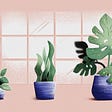 An illustration of three plants with blue pots and green leaves in small, medium, and large size, against a background of a window with a pink background, which also looks like graph paper, charting the growth of the plants.