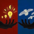 Two dark hand silhouettes facing each other. The one on the left has a scratched metal textured crimson red background and the hand holds light bulbs that represent ideas. The one on the right has a scratched metal textured royal blue background and the hand holds stacks of money with wings.