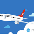 cartoon Qantas plan flying through blue sky with clouds and Xero and Qantas Business Rewards logos