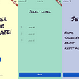 Screenshots of the 3 main screens from the FCGT sample app: Main menu, Select Level & Settings
