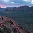 Descending into the Grand Canyon via the South Kaibab Trail at sunrise.