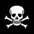 Black Jolly Roger flag featuring skull and bones crossed behind