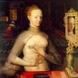 Oil painting of Diane de Poitiers, mistress to France’s King Henry II, at her dressing table, partially dressed with exposed breasts