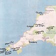 A map of Cornwall, UK with destinations penned in