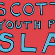 conFAB poster advertising the project: blue, comics-style lettering on an orangey-red background reads ‘Scottish Youth Poetry Slam’