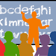 Colorful silhouettes of people looking at a blackboard with the alphabet on it, being written be a silhouette of a teacher