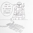 A drawing of a Mandalorian gesturing toward a set of card arranged in the shape of The Child, saying “This is the way… to organize your site categories”.