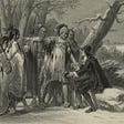 Sepia grey scale engraving of the local tribe pointing out land to a puritan colonist
