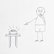 A drawing of a person reaching out for a button that is set on a table.