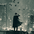 Image: A figure in a trench coat standing in the rain and facing a dense cityscape.