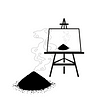 An ash pile with smoke in front of an easel with a picture of the same ash pile and smoke.