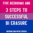 Image by author, Zhenya. The image’s background is the bi pride flag, which is pink at the top, purple in the middle and blue at the bottom. It is overlaid with the white text: FIVE BEDROOMS AND 3 STEPS TO SUCCESSFUL BI ERASURE, with the author’s profile link, medium.com/@cde.zhenya, at the bottom.