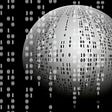 Binary code on a black background with a white sphere
