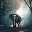 Elephant walking in forest path with sun rays falling on him.