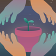 A small plant seedling in a pink flower pot on a green ground with a moon on the horizon and four hands around