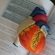 Model of a human heart over a medical textbook
