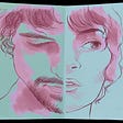 Illustration of male and female faces looking in different directions. Lines are in pink against a light blue background