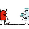 Image with a white background. It features a devil illustrated in red tones on the left and an angel illustrated in blue tones on the right. Both animations are facing each other, smiling.