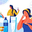 Illustration of women using beauty products, ornamented with organic chemistry symbols.