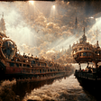 2 vikings boats in the tempest, steampunk style, AIART