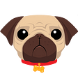 The logo for pug, a slightly sad looking cartoon dog wearing a red collar with a pendant in the shape of a bone.