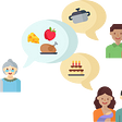 Image depicts remote, family members connecting through food related conversations