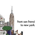 a mishmash of new york and san francisco skylines; denoting rentable housing, with evicted woman outside with a suitcase.
