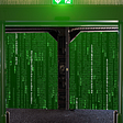A double exit-door, open to reveal a Matrix-style code waterfall. Over the door is a green exit sign with a green halo.
