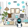 Drawing of living room with several smart devices and robot asking “How can we help you?”