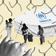 A graphic features a hand, a hole in a gate, and refugees.