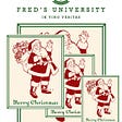 Vintage Christmas card with retro Santa duplicated multiple times on Fred’s University logo.