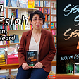 Image of Author, Kimia Eslah, sitting in a bookstore with her novel, Sister Seen, Sister Heard, on her lap.