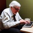 An image of Jürgen Habermas hunched over a laptop, as imagined by the AI art of Dreamstudio