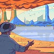 In this vibrant illustration, a man wearing a VR headset is standing in what looks like a hellscape. The ground is dry and cracked and factories loom beyond the horizon, belching out black and orange clouds of polluted smoke. Also visible in this image, however, is the projection of his VR world, which is pristine and futuristic, with clear skies, blue water, and sleek buildings. The symbolism is clear: while tech distracts us, our planet is in crisis.