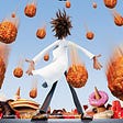 meatballs rain with an animated character in wardcoat. Picture from the movie, Cloudy with a chance of meatballs