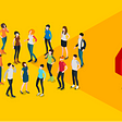 A group of people standing around with the AdBlock logo on a yellow background